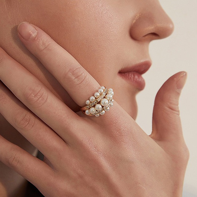 Faux Pearl Ring Zircon Adjustable Open Ring Party Jewelry Christmas Gift